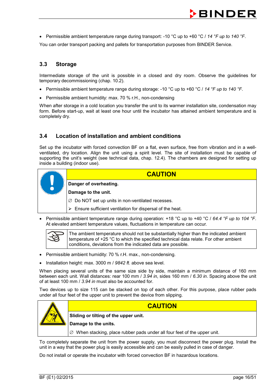 3 storage, 4 location of installation and ambient conditions, Caution | BINDER BF 53 User Manual | Page 16 / 51