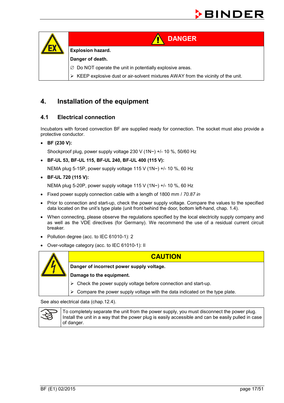 Installation of the equipment, 1 electrical connection, Danger | Caution | BINDER BF 53 User Manual | Page 17 / 51