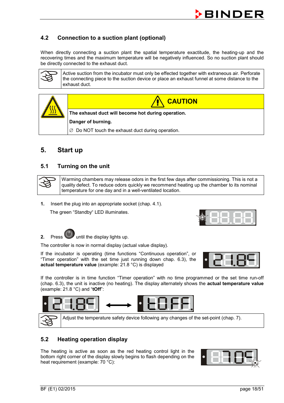 2 connection to a suction plant (optional), Start up, 1 turning on the unit | 2 heating operation display, Caution | BINDER BF 53 User Manual | Page 18 / 51