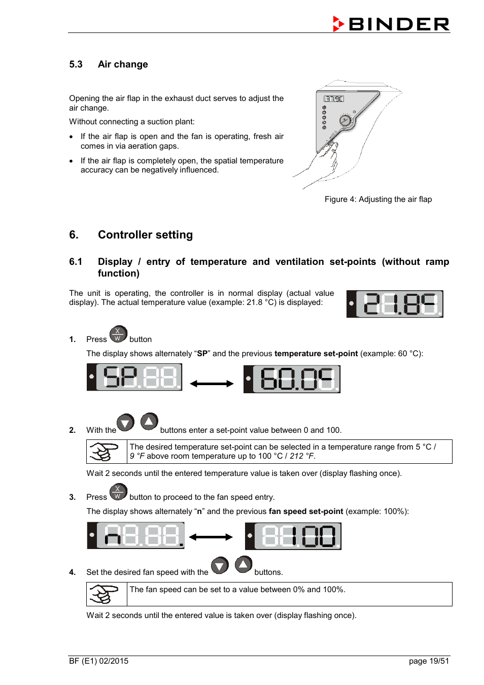 3 air change, Controller setting | BINDER BF 53 User Manual | Page 19 / 51