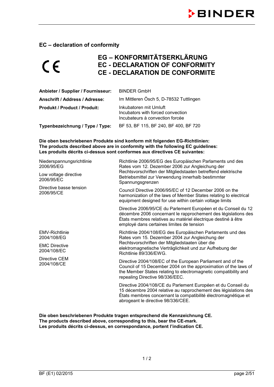 Ec – declaration of conformity | BINDER BF 53 User Manual | Page 2 / 51