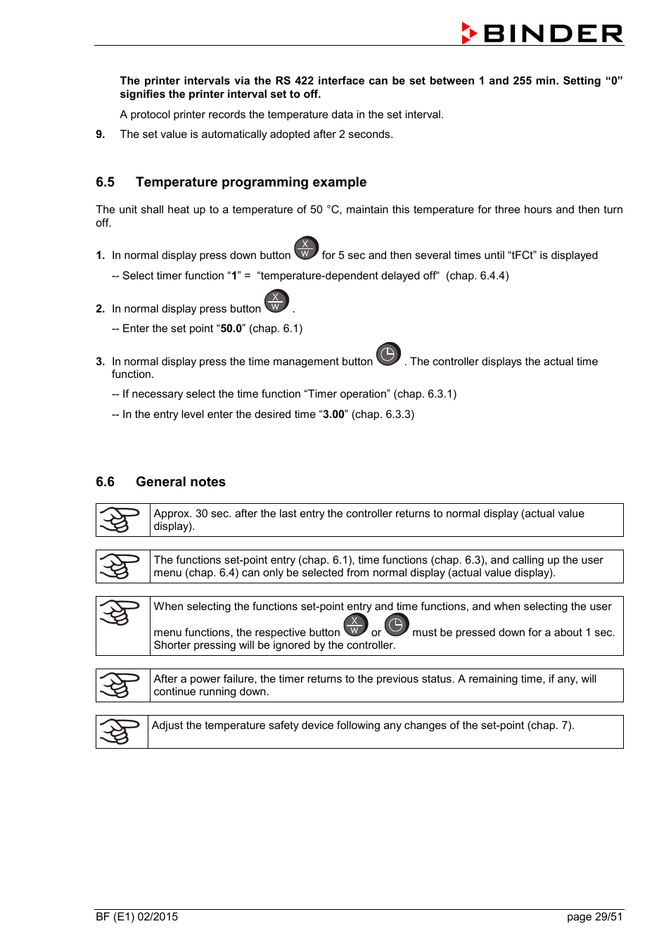 5 temperature programming example, 6 general notes | BINDER BF 53 User Manual | Page 29 / 51