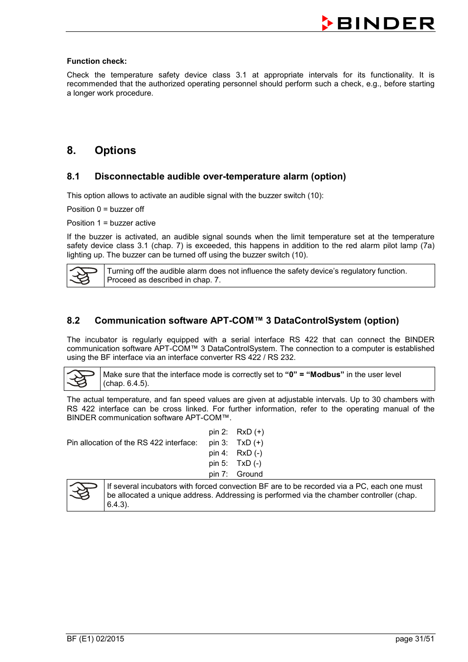 Options | BINDER BF 53 User Manual | Page 31 / 51