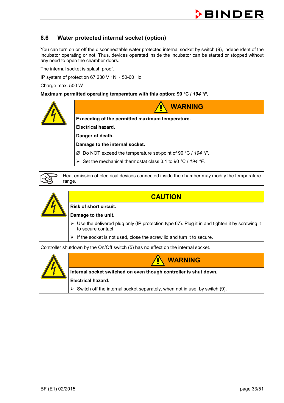 6 water protected internal socket (option), Warning, Caution | BINDER BF 53 User Manual | Page 33 / 51