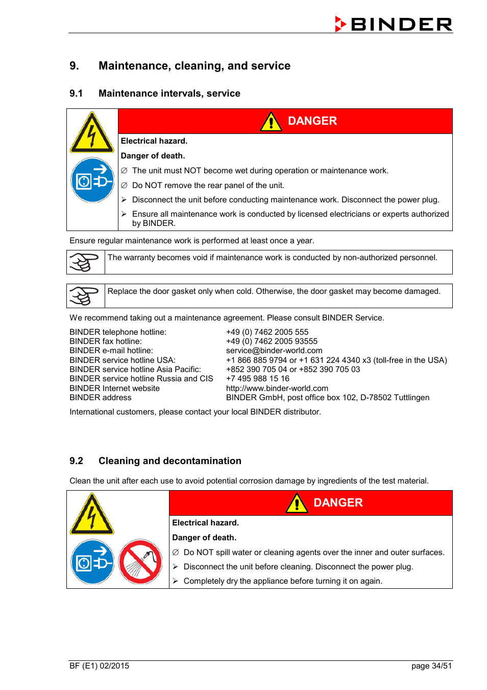 Maintenance, cleaning, and service, 1 maintenance intervals, service, 2 cleaning and decontamination | Ole_link7, Ole_link12, Danger | BINDER BF 53 User Manual | Page 34 / 51