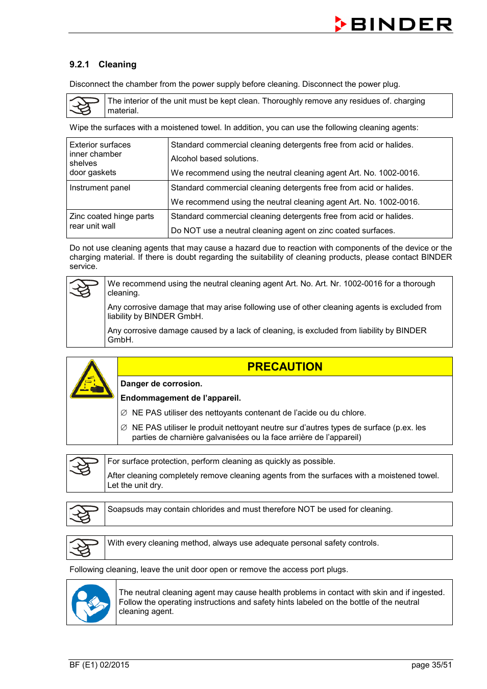 1 cleaning, Precaution | BINDER BF 53 User Manual | Page 35 / 51