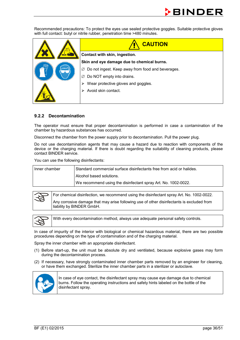 2 decontamination, Caution | BINDER BF 53 User Manual | Page 36 / 51