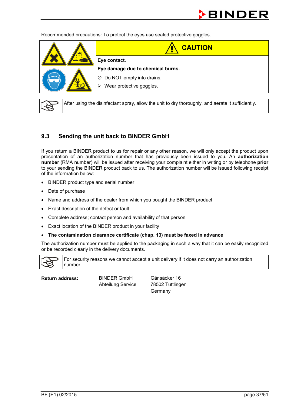 3 sending the unit back to binder gmbh, Caution | BINDER BF 53 User Manual | Page 37 / 51