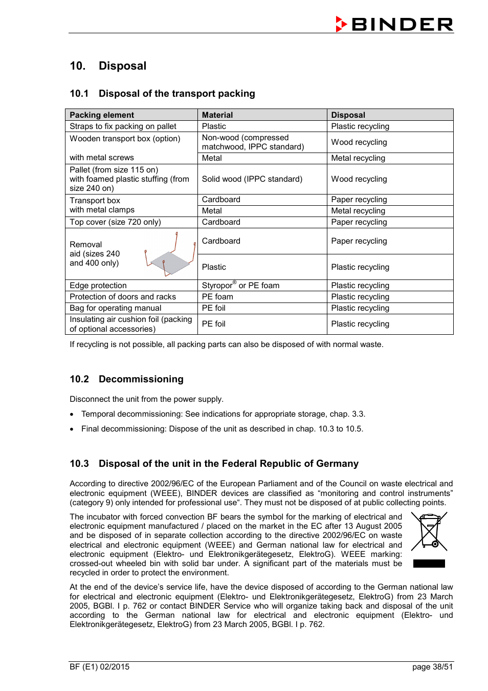 Disposal, 1 disposal of the transport packing, 2 decommissioning | BINDER BF 53 User Manual | Page 38 / 51