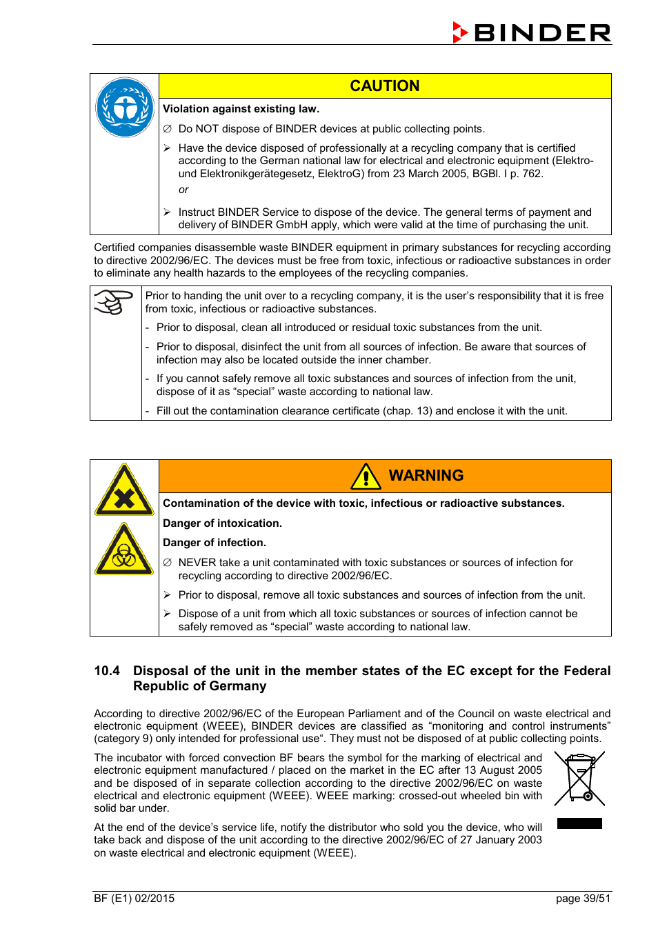 Caution, Warning | BINDER BF 53 User Manual | Page 39 / 51