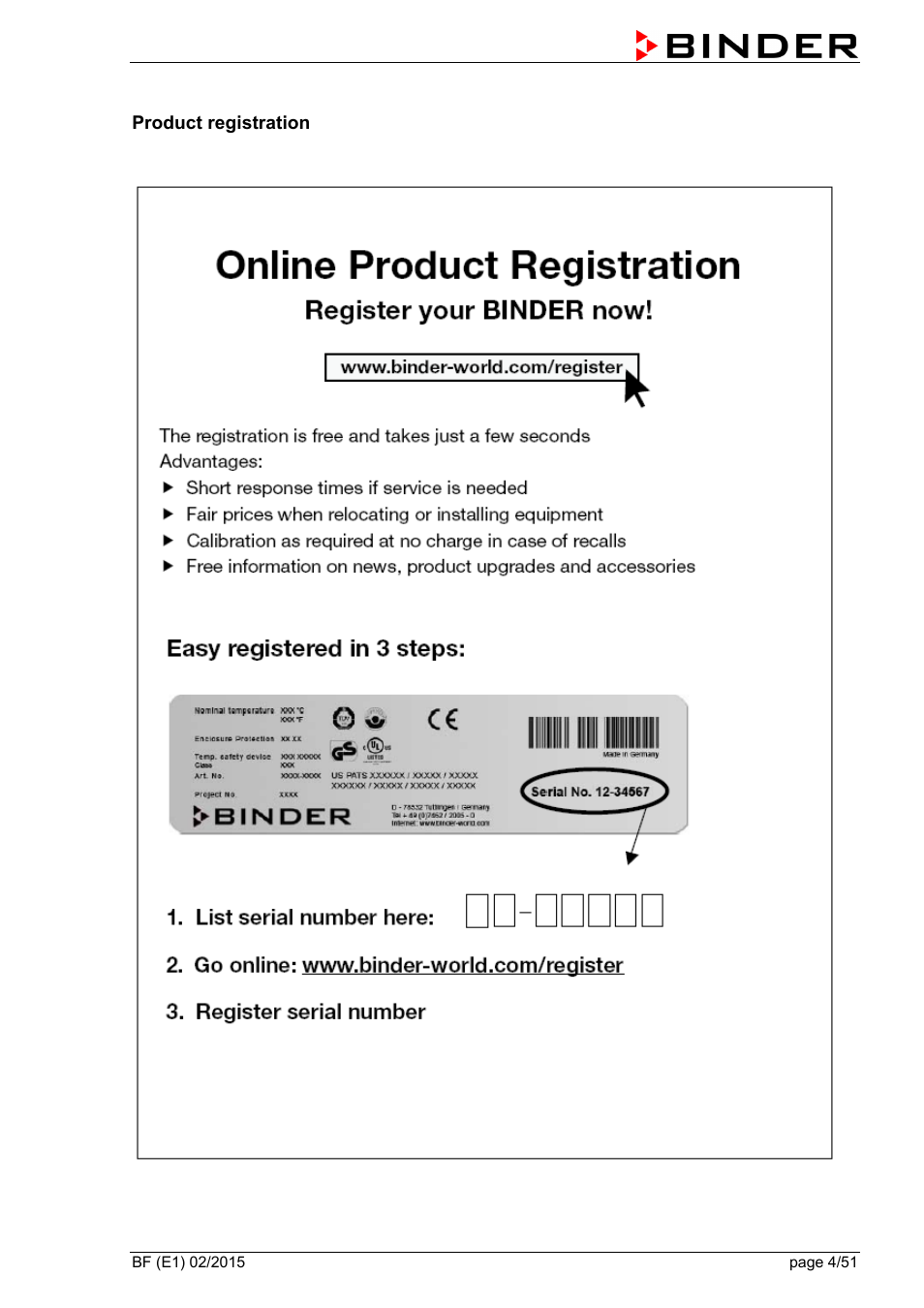 Product registration | BINDER BF 53 User Manual | Page 4 / 51