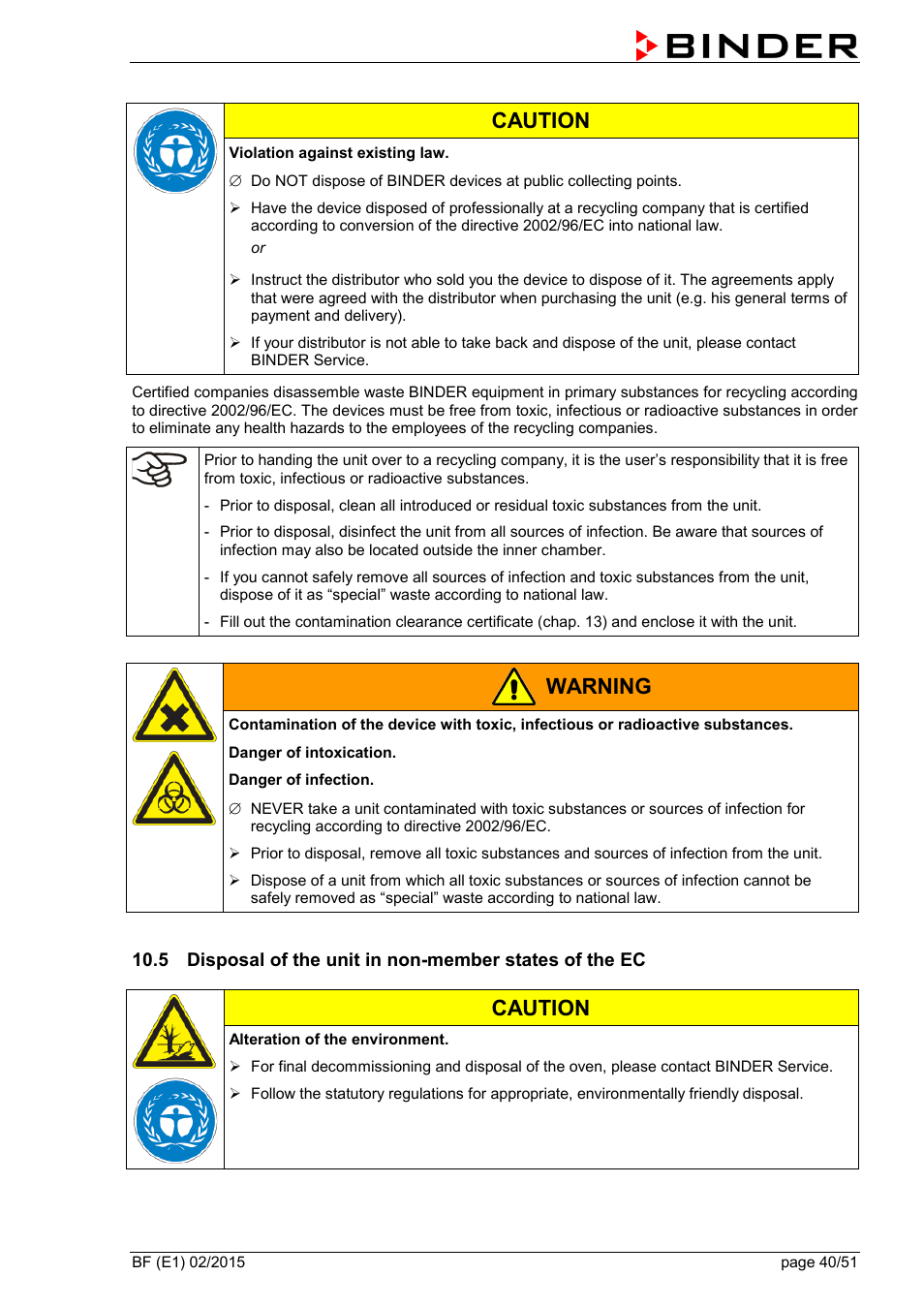 Caution, Warning | BINDER BF 53 User Manual | Page 40 / 51