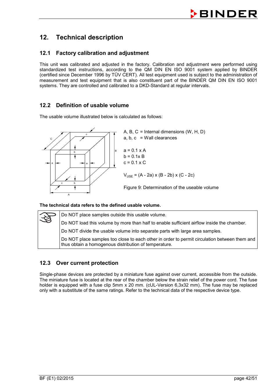 Technical description, 1 factory calibration and adjustment, 2 definition of usable volume | 3 over current protection | BINDER BF 53 User Manual | Page 42 / 51