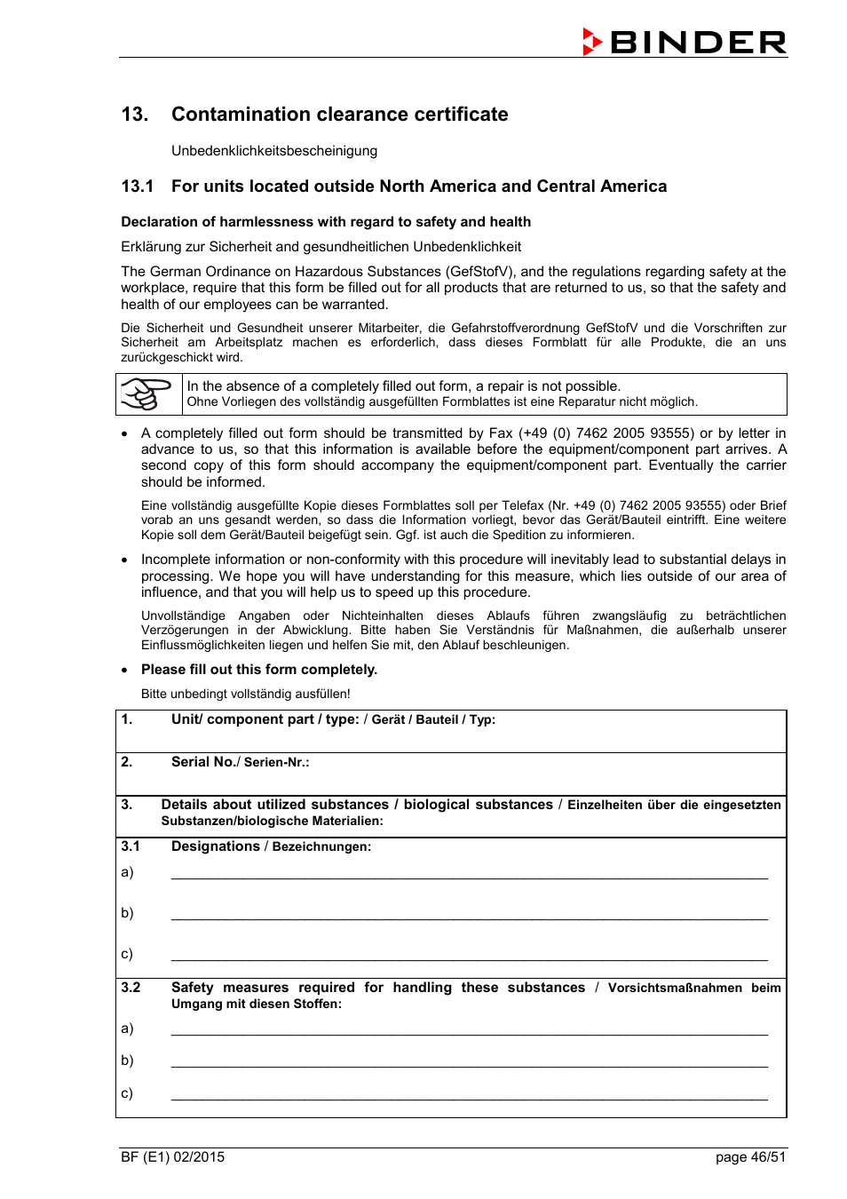 Contamination clearance certificate | BINDER BF 53 User Manual | Page 46 / 51