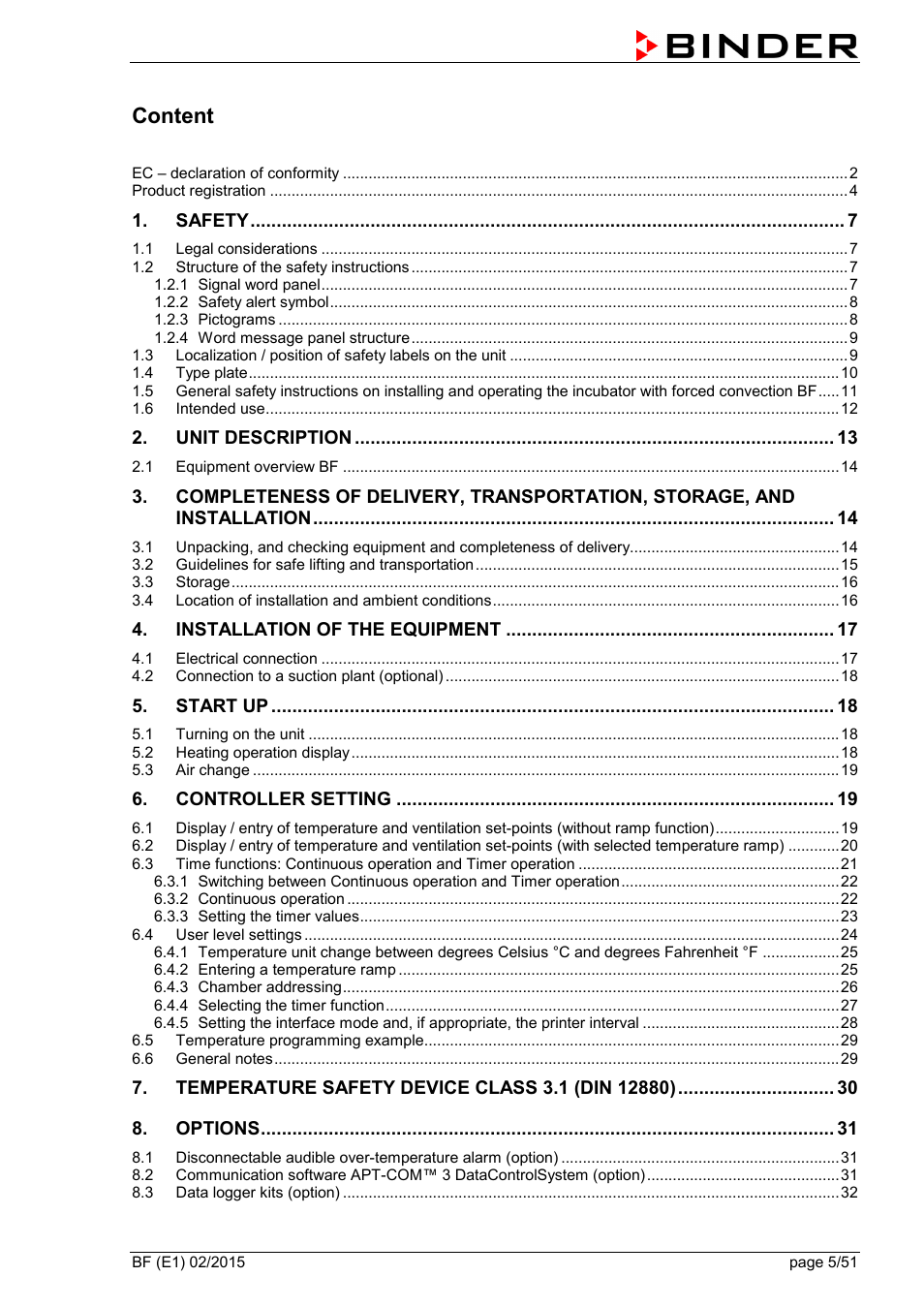 Content | BINDER BF 53 User Manual | Page 5 / 51