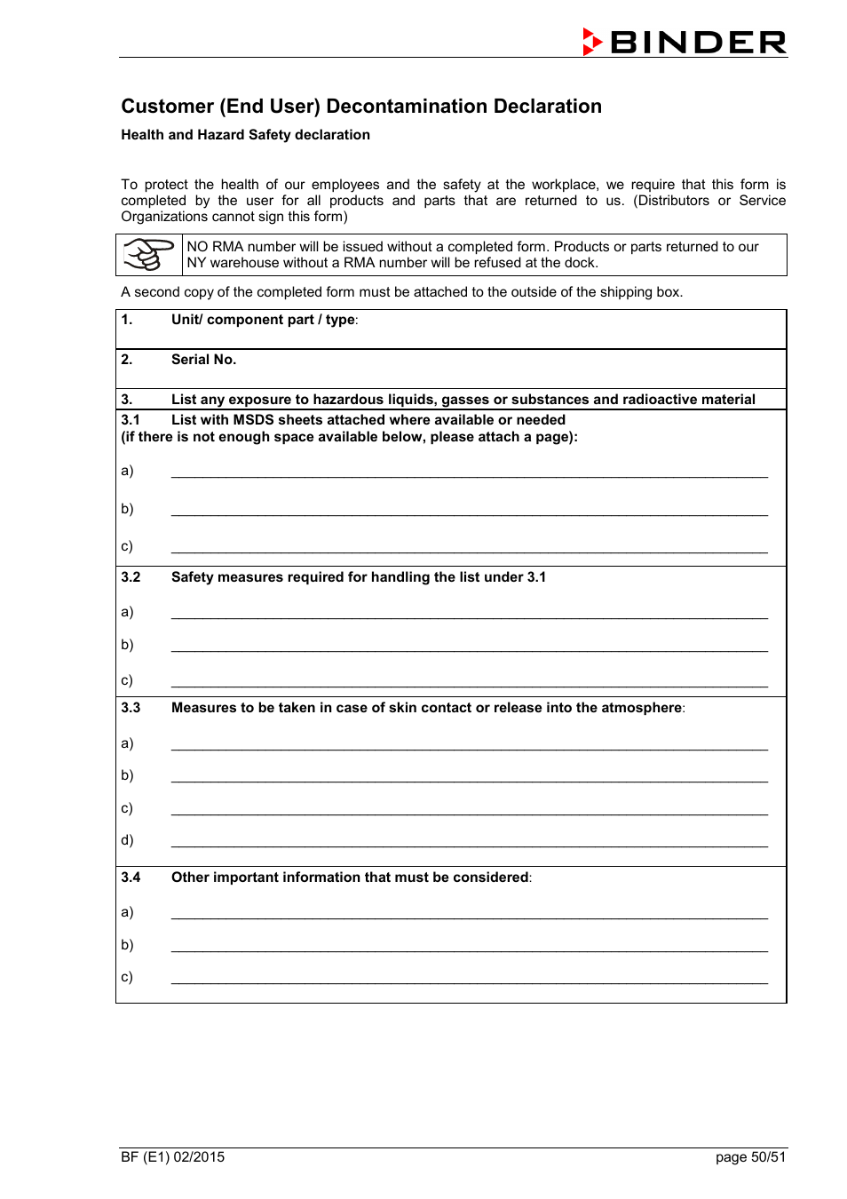 Customer (end user) decontamination declaration | BINDER BF 53 User Manual | Page 50 / 51