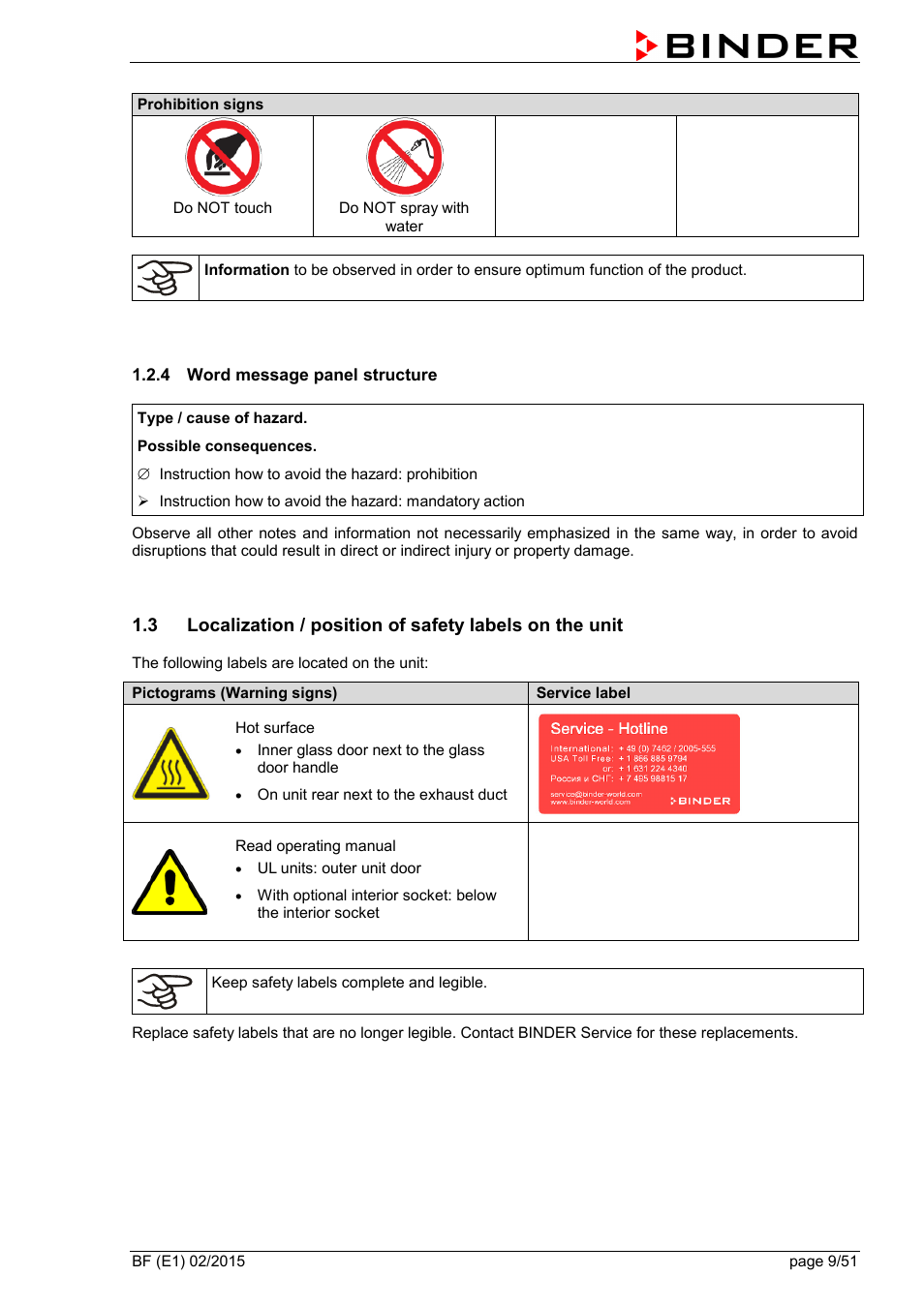 4 word message panel structure | BINDER BF 53 User Manual | Page 9 / 51