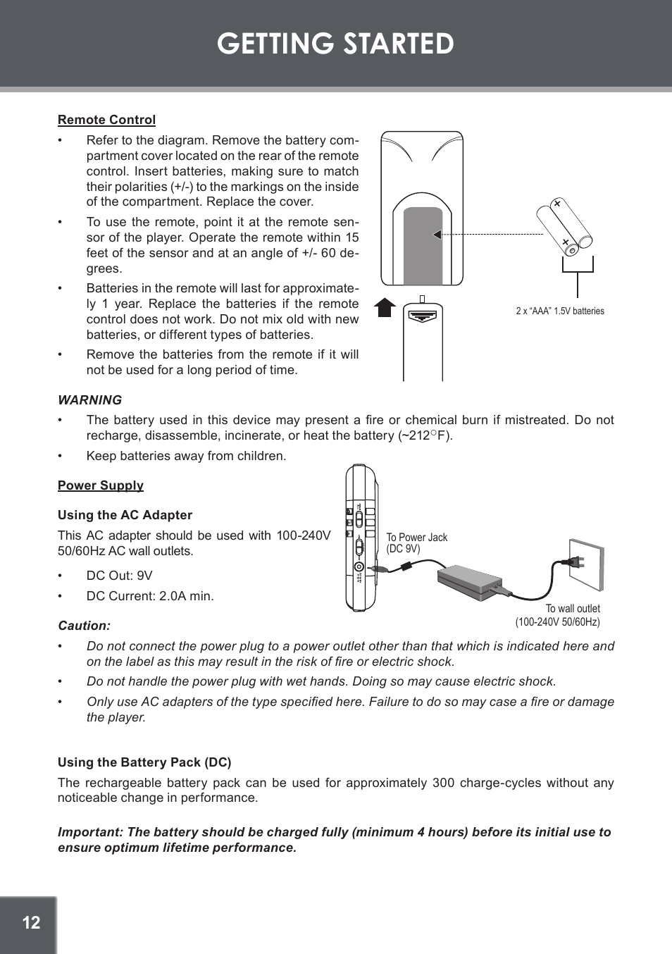 Getting started, Remote control, Power supply | Using the ac adapter, Using the battery pack (dc) | COBY TF-DVD560 User Manual | Page 12 / 28