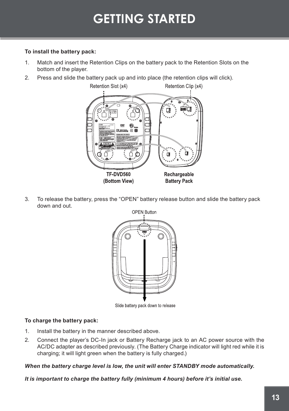 Getting started | COBY TF-DVD560 User Manual | Page 13 / 28