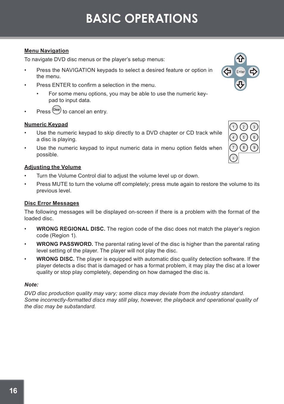 Menu navigation, Numeric keypad, Adjusting the volume | Disc error messages, Basic operations | COBY TF-DVD560 User Manual | Page 16 / 28