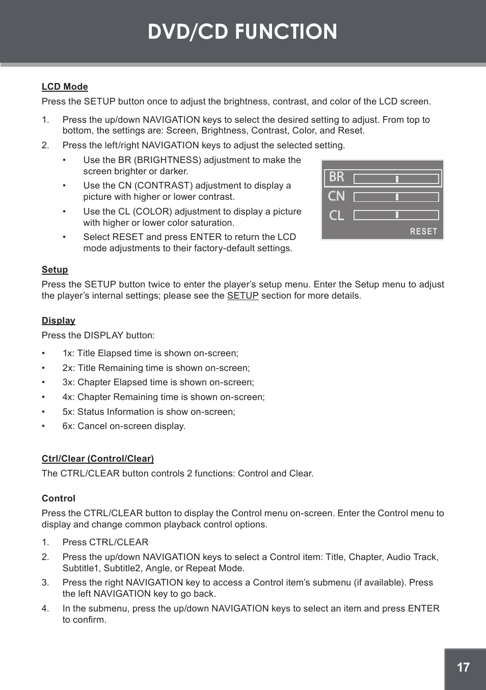 Dvd/cd function, Lcd mode, Setup | Display, Ctrl/clear (control/clear), Control, Br cn cl | COBY TF-DVD560 User Manual | Page 17 / 28