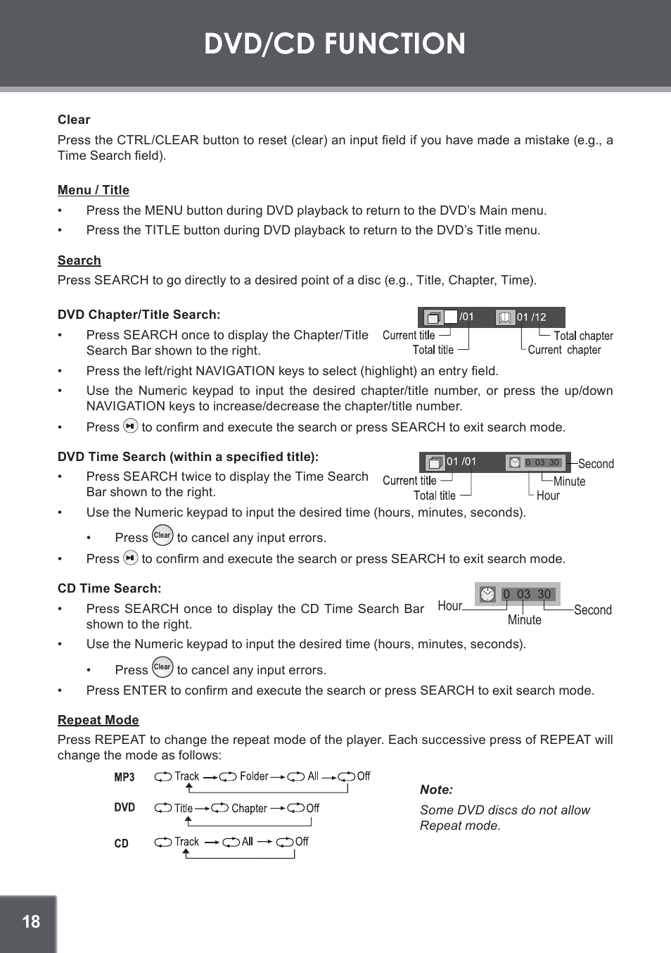 Clear, Menu / title, Search | Dvd chapter/title search, Dvd time search (within a specified title), Cd time search, Repeat mode, Dvd/cd function | COBY TF-DVD560 User Manual | Page 18 / 28