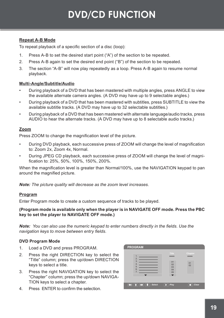 Repeat a-b mode, Multi-angle/subtitle/audio, Zoom | Program, Dvd program mode, Dvd/cd function | COBY TF-DVD560 User Manual | Page 19 / 28