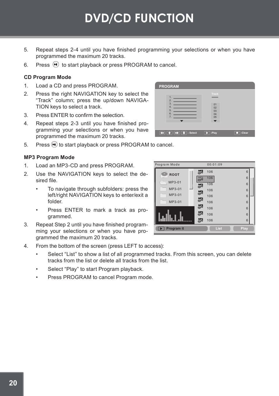 Cd program mode, Mp3 program mode, Dvd/cd function | COBY TF-DVD560 User Manual | Page 20 / 28