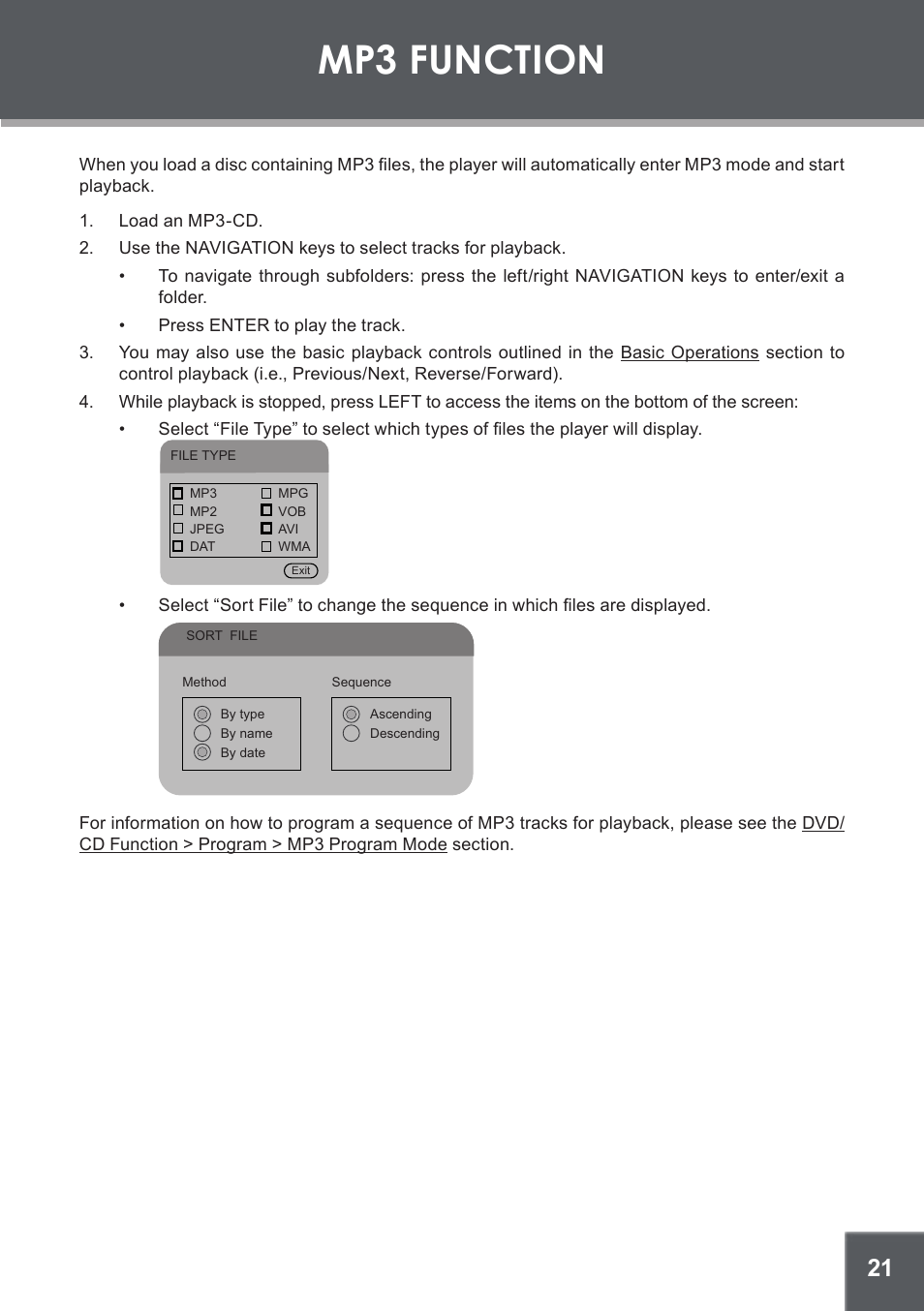 Mp3 function | COBY TF-DVD560 User Manual | Page 21 / 28