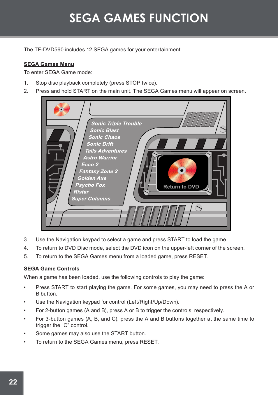 Sega games function, Sega games menu, Sega game controls | COBY TF-DVD560 User Manual | Page 22 / 28