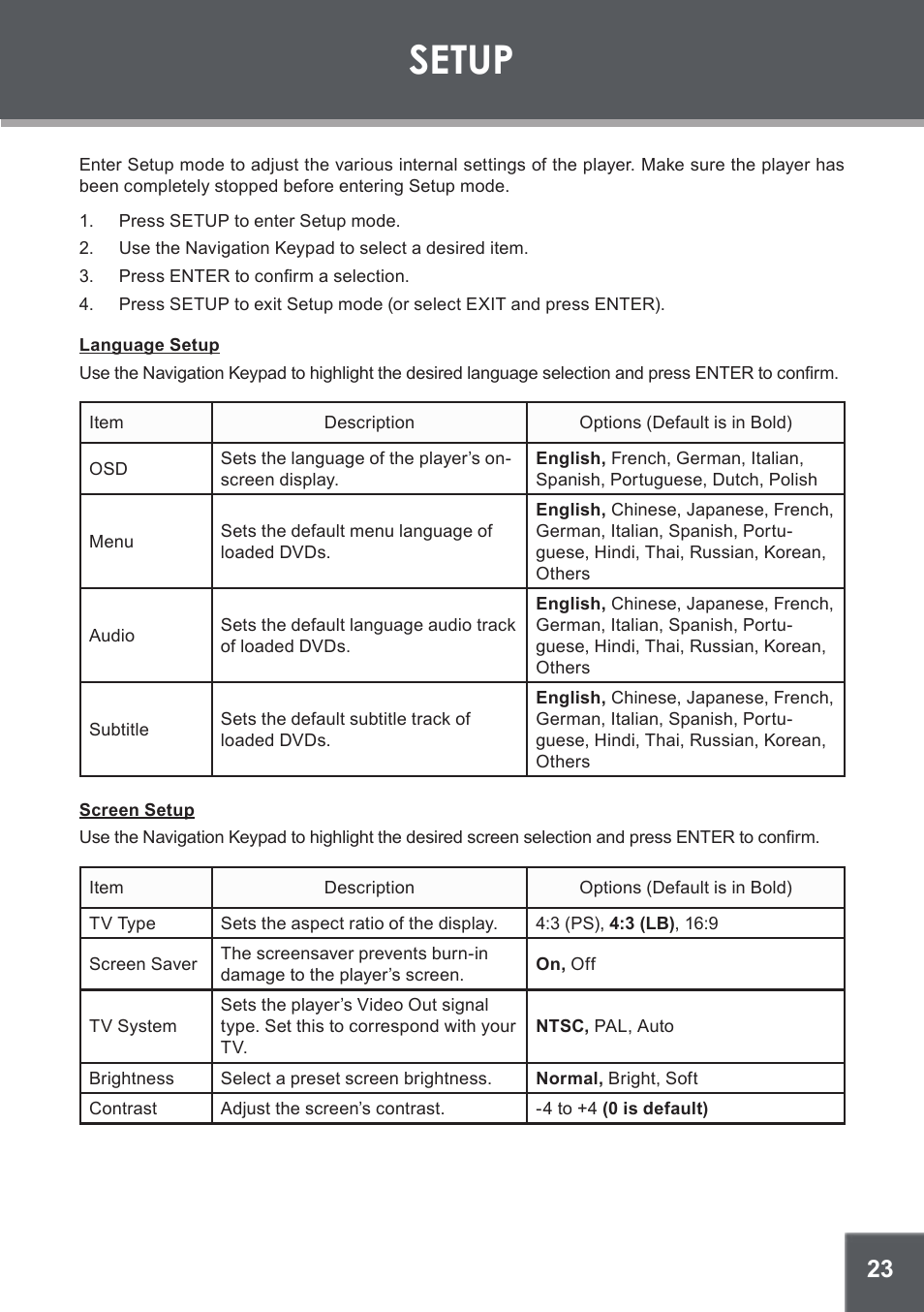 Setup, Language setup, Screen setup | COBY TF-DVD560 User Manual | Page 23 / 28