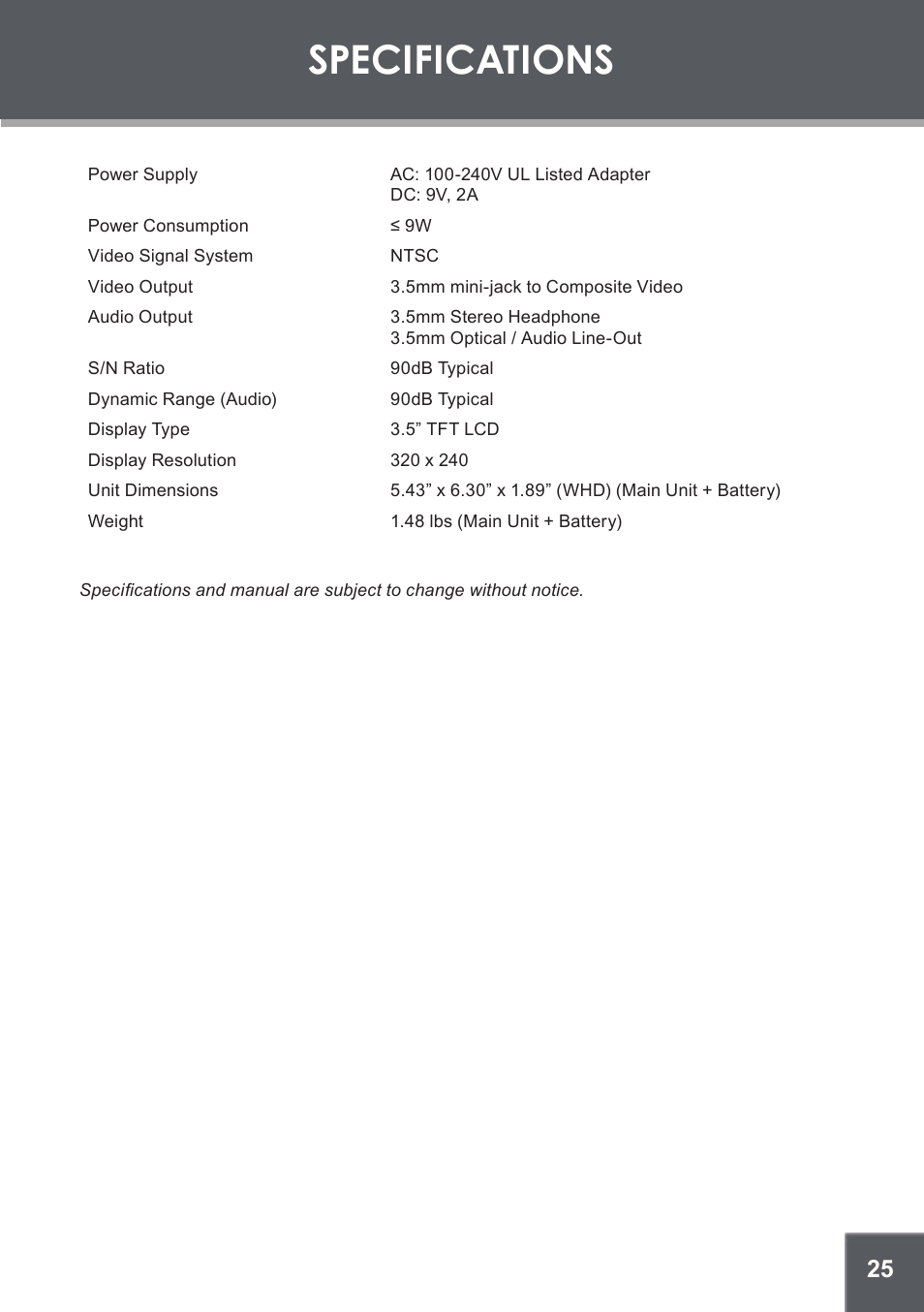 Specifications | COBY TF-DVD560 User Manual | Page 25 / 28