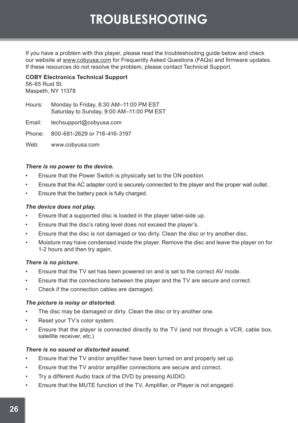 Troubleshooting | COBY TF-DVD560 User Manual | Page 26 / 28