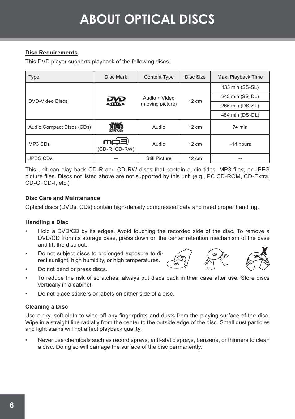 About optical discs, Disc requirements, Disc care and maintenance | Handling a disc, Cleaning a disc | COBY TF-DVD560 User Manual | Page 6 / 28