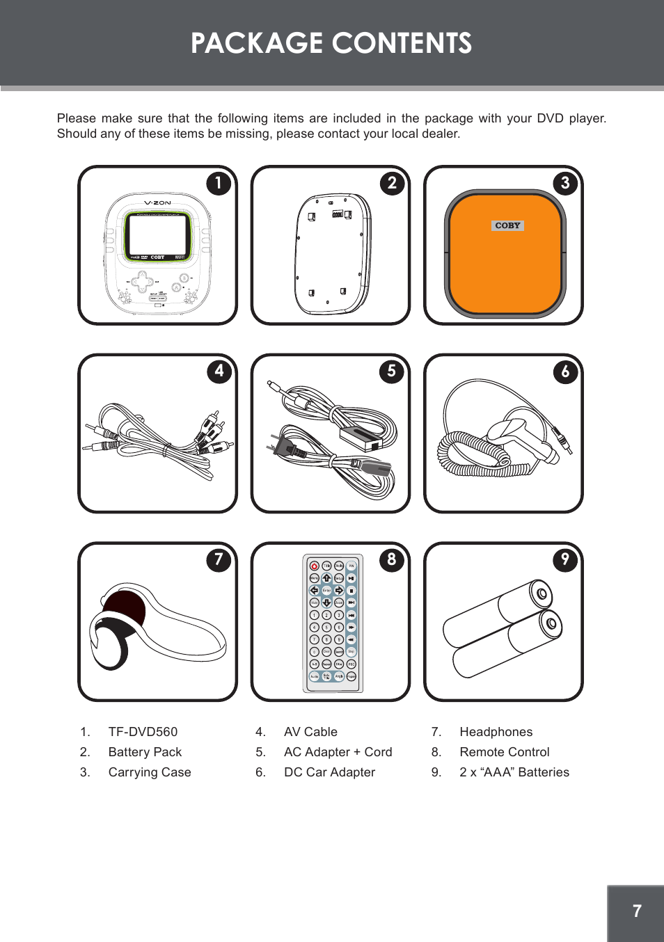 Package contents | COBY TF-DVD560 User Manual | Page 7 / 28