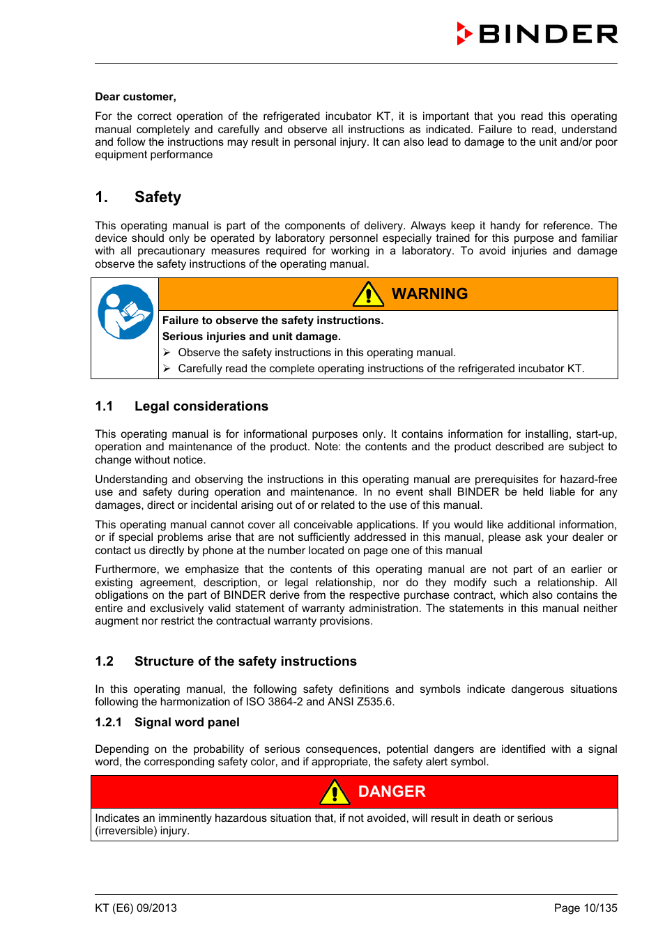 Safety, 1 legal considerations, 2 structure of the safety instructions | 1 signal word panel, Warning, Danger | BINDER KT 53 User Manual | Page 10 / 135