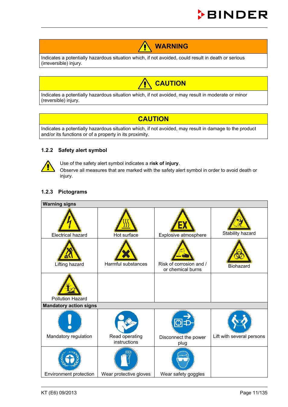 2 safety alert symbol, 3 pictograms, Warning | Caution | BINDER KT 53 User Manual | Page 11 / 135