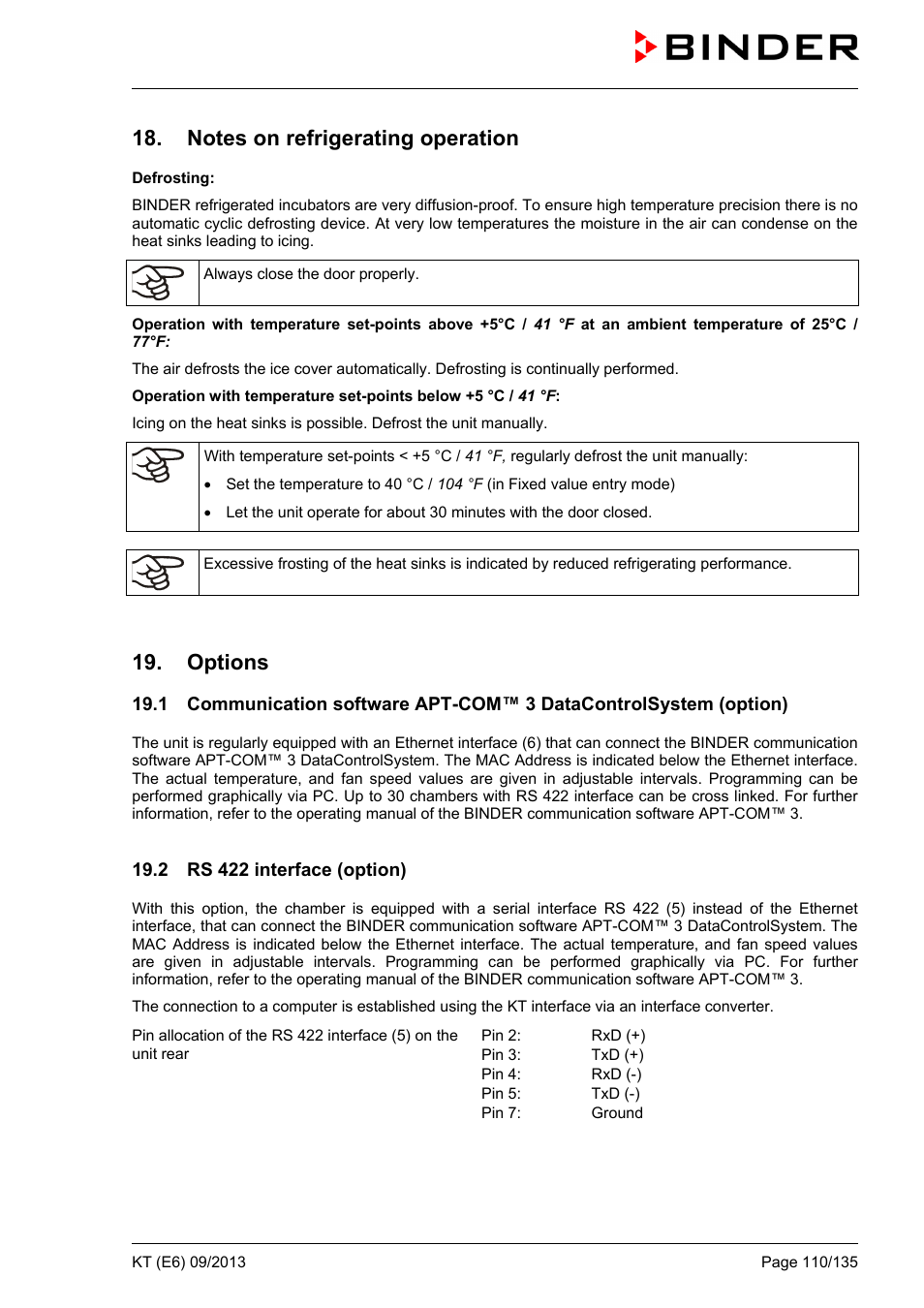 Notes on refrigerating operation, Options, 2 rs 422 interface (option) | BINDER KT 53 User Manual | Page 110 / 135