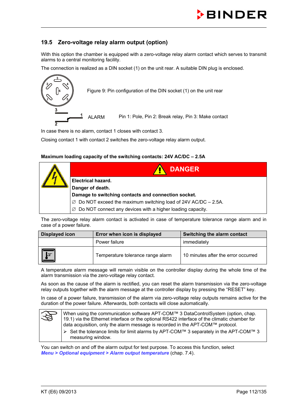 5 zero-voltage relay alarm output (option), Danger | BINDER KT 53 User Manual | Page 112 / 135