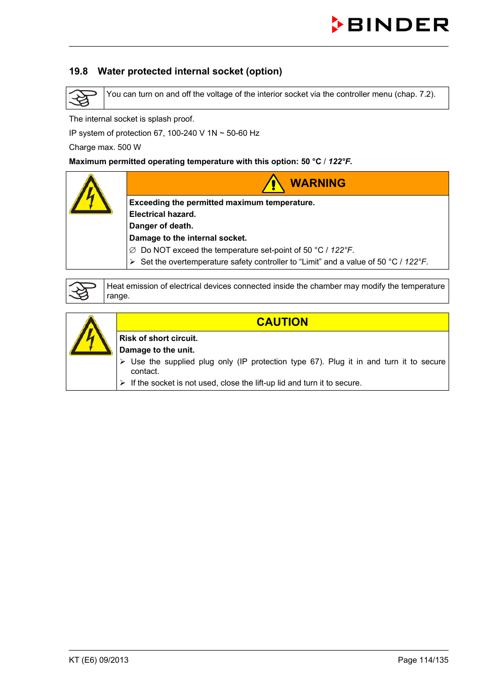 8 water protected internal socket (option), Ole_link6, Ole_link7 | Warning, Caution | BINDER KT 53 User Manual | Page 114 / 135