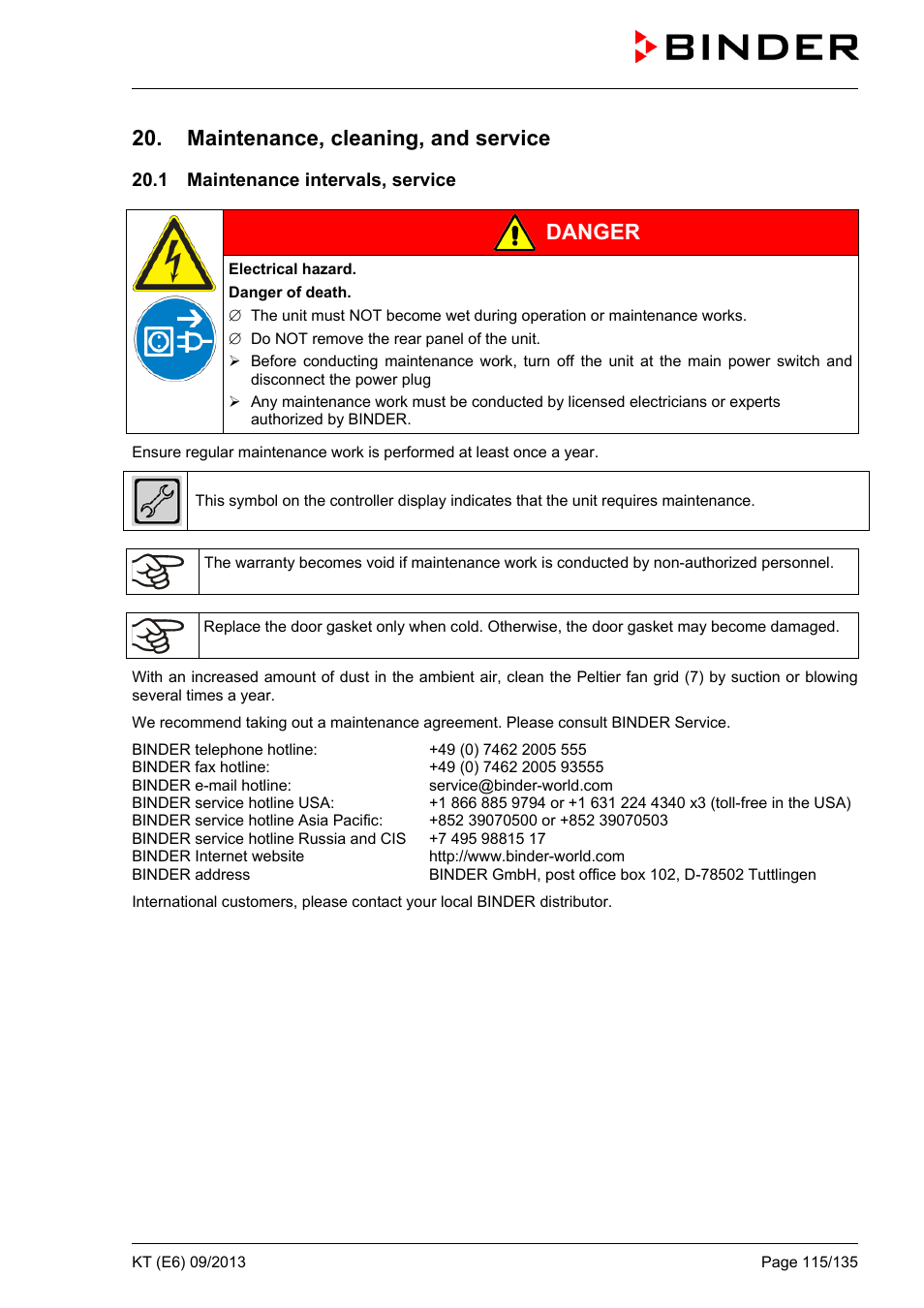 Maintenance, cleaning, and service, 1 maintenance intervals, service, Danger | BINDER KT 53 User Manual | Page 115 / 135