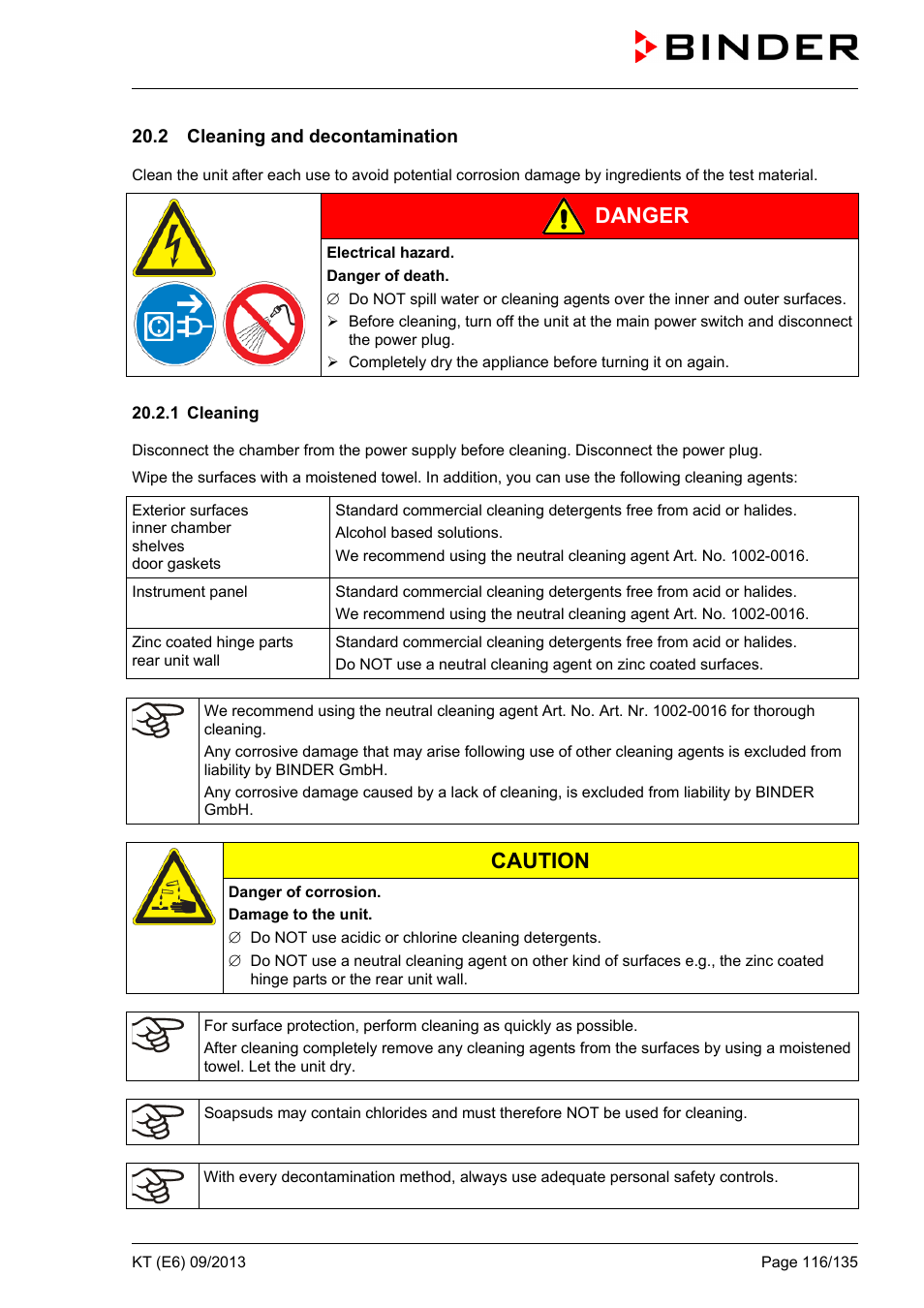 2 cleaning and decontamination, 1 cleaning, Danger | Caution | BINDER KT 53 User Manual | Page 116 / 135