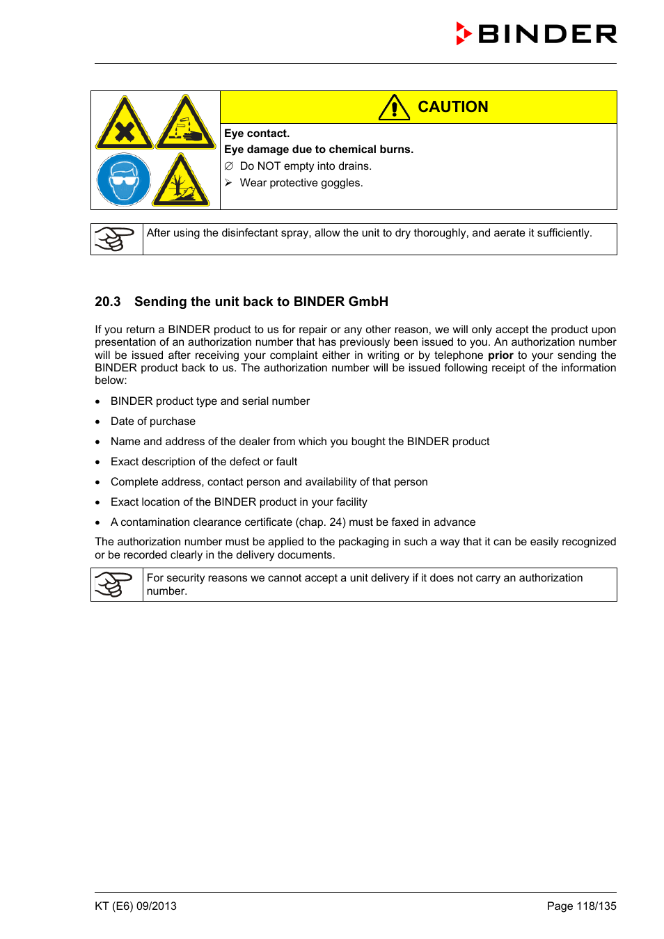 3 sending the unit back to binder gmbh, Caution | BINDER KT 53 User Manual | Page 118 / 135