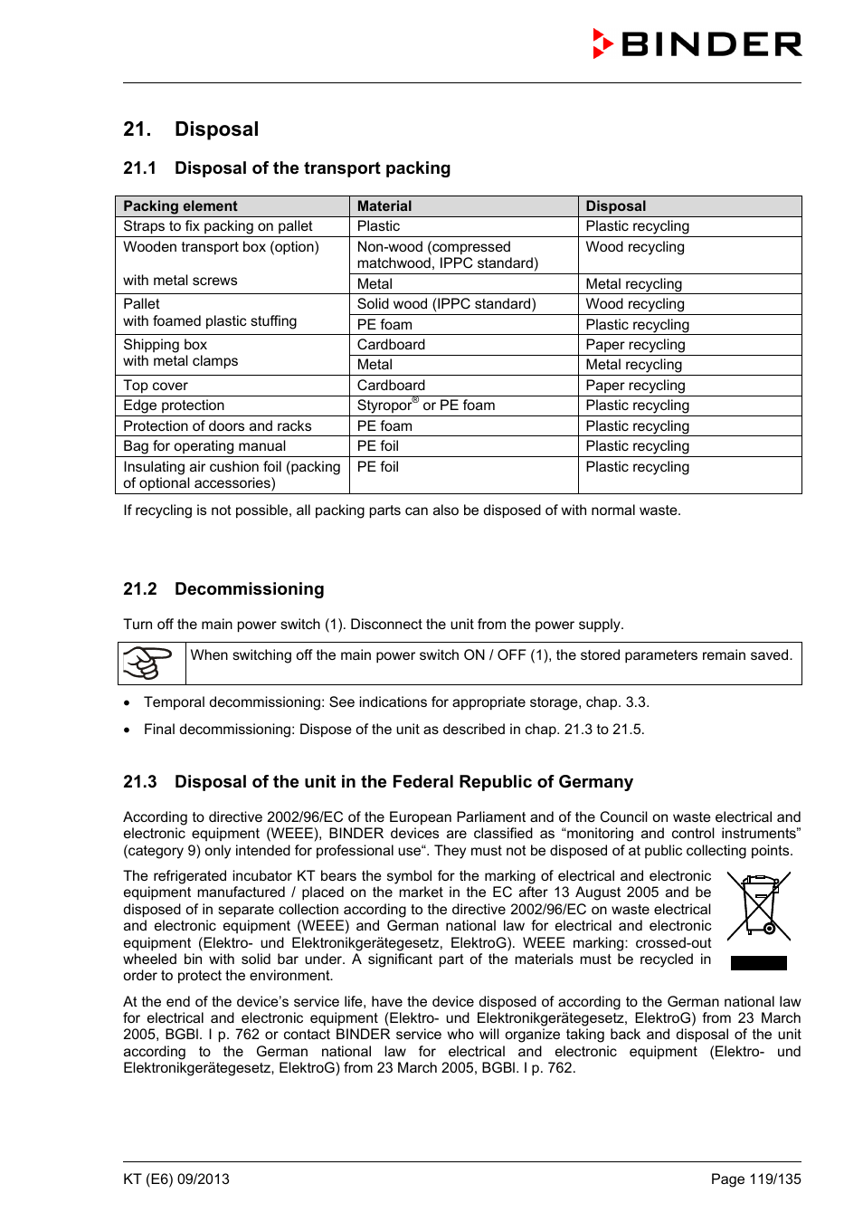Disposal, 1 disposal of the transport packing, 2 decommissioning | BINDER KT 53 User Manual | Page 119 / 135