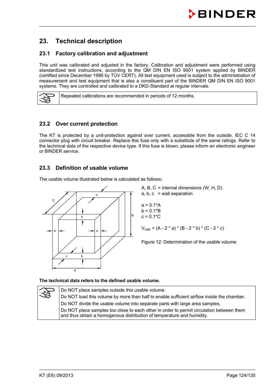 Technical description, 1 factory calibration and adjustment, 2 over current protection | 3 definition of usable volume | BINDER KT 53 User Manual | Page 124 / 135