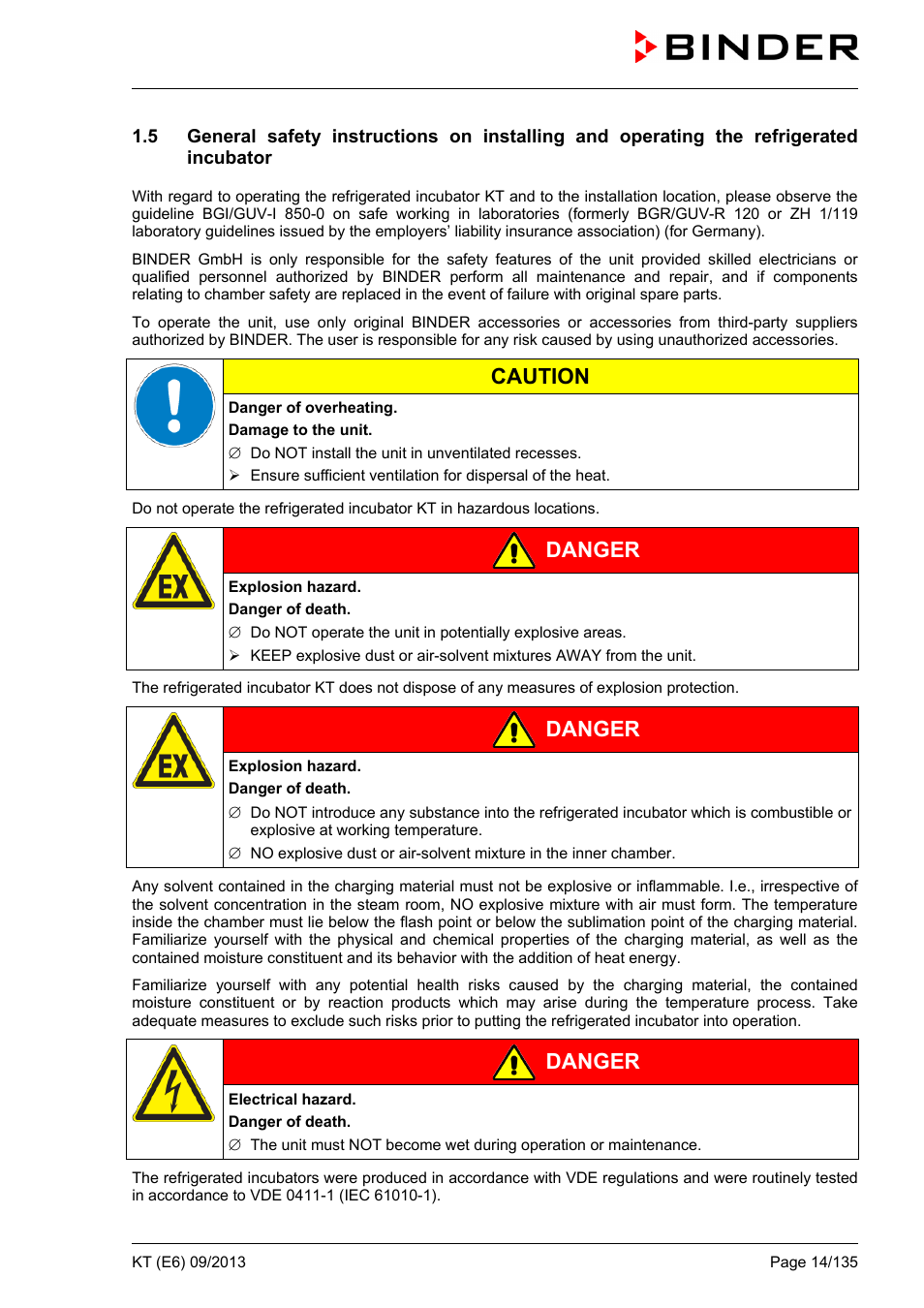 Caution, Danger | BINDER KT 53 User Manual | Page 14 / 135