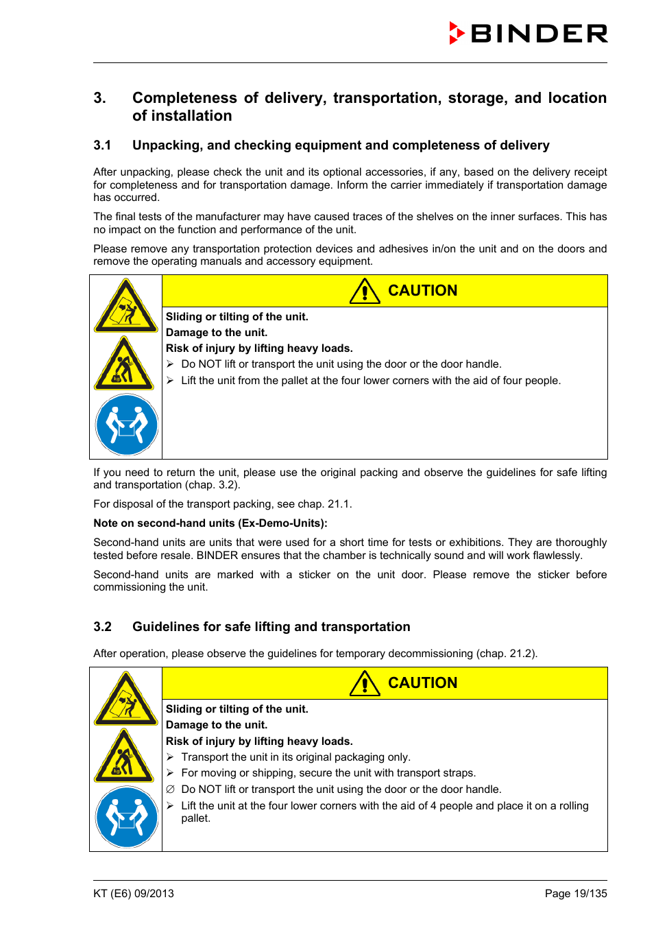 2 guidelines for safe lifting and transportation, Caution | BINDER KT 53 User Manual | Page 19 / 135