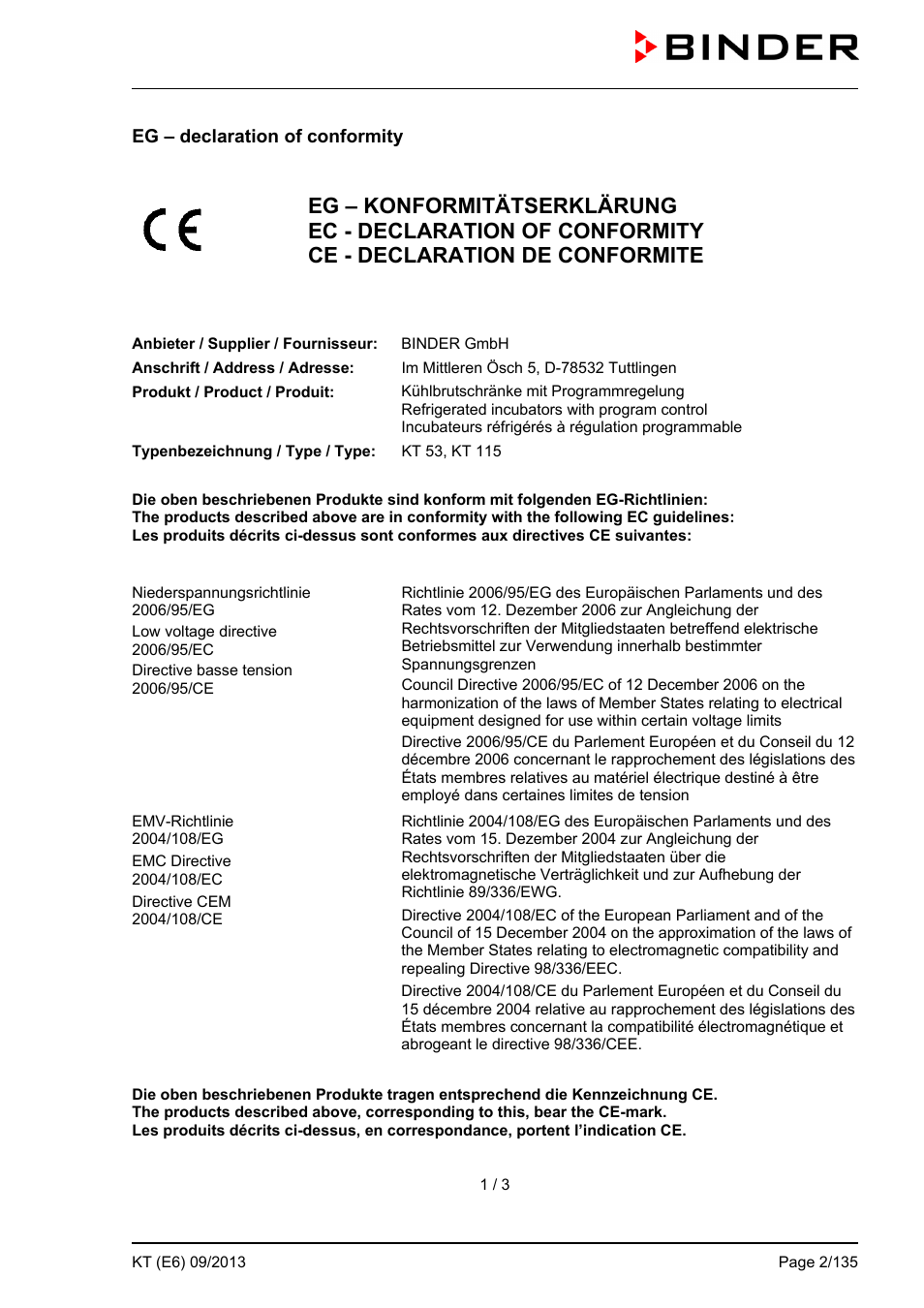 Eg – declaration of conformity | BINDER KT 53 User Manual | Page 2 / 135