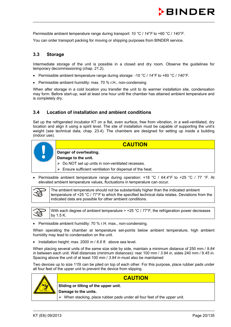 3 storage, 4 location of installation and ambient conditions, Caution | BINDER KT 53 User Manual | Page 20 / 135