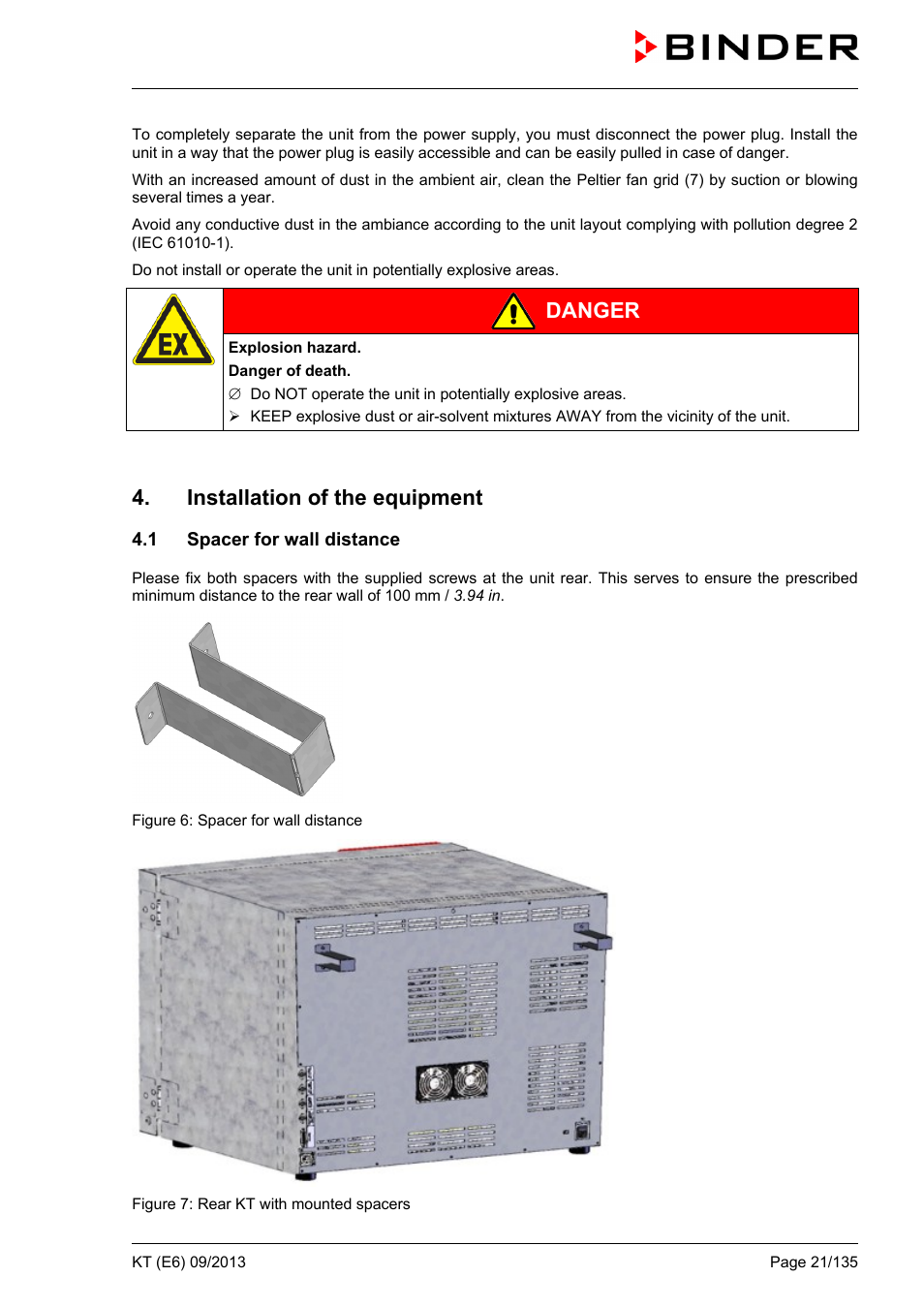 Installation of the equipment, 1 spacer for wall distance, Danger | BINDER KT 53 User Manual | Page 21 / 135